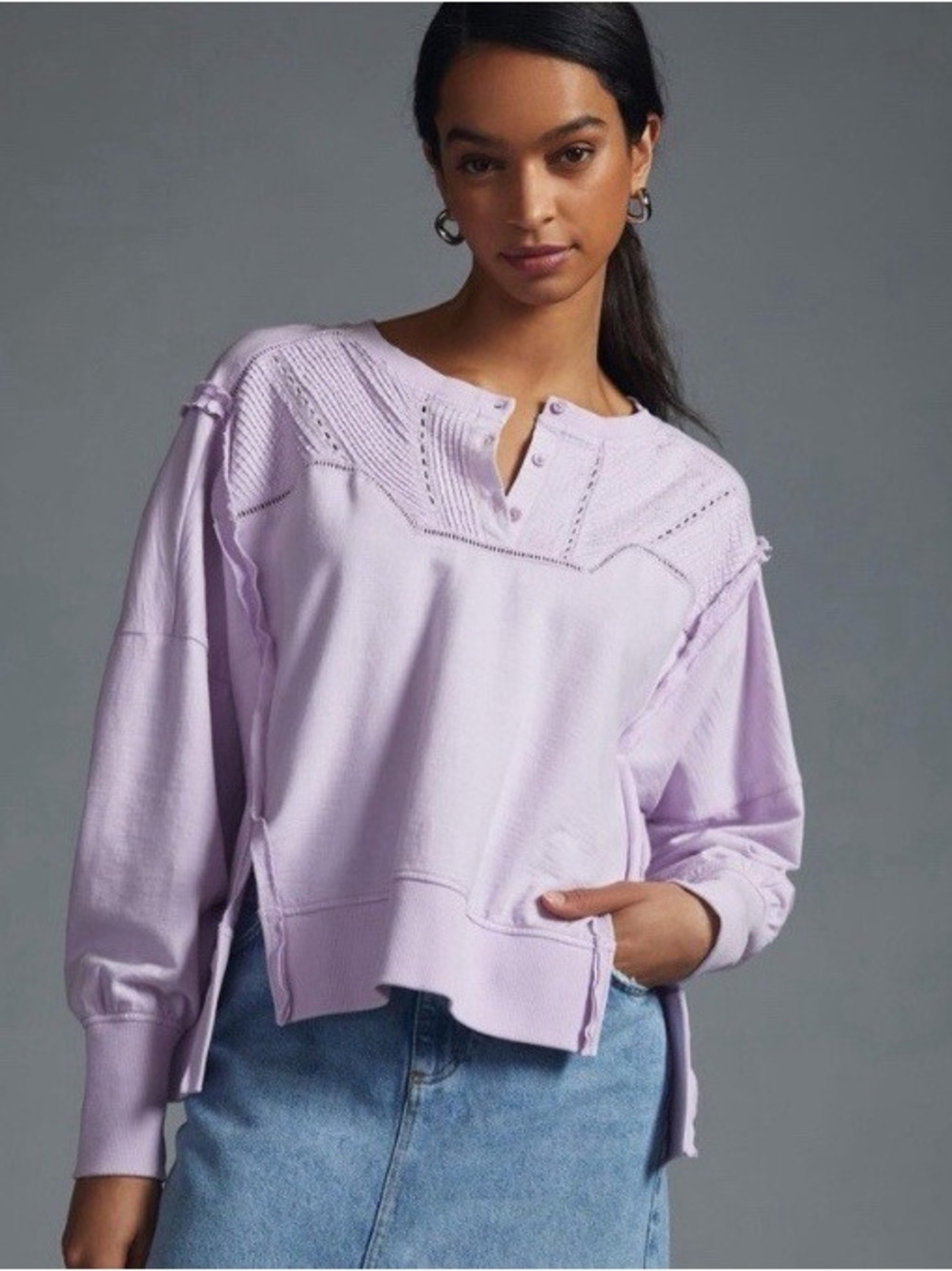 Anthropologie Pilcro Pintuck Henley Sweatshirt Lavender Knit Pullover Top Purple